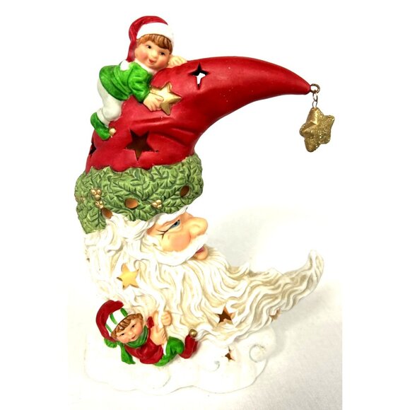 Santa Claus Tealight Holder Ceramic Holiday Christmas Moon Elves 9" Vintage - Picture 9 of 9